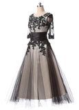 Elegant Tulle Scoop Neckline A-Line Tea-length Prom Dresses With Lace Appliques