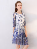 Blue Half Sleeves Scoop Lace Homecoming Dress
