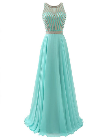 Long Chiffon Mint Beading Prom Dress