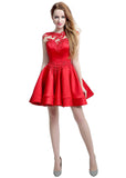 Stunning Satin & Tulle Jewel Neckline Cap Sleeves Short A-line Homecoming Dresses With Lace Appliques