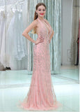 Pink Tulle Halter Neckline Backless Mermaid Prom Dresses With Beadings
