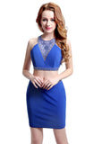 Sexy Lycra & Tulle Jewel Neckline Short-length Sheath Two-piece Cocktail Dresses With Beadings