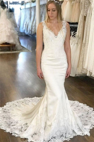 Backless Sexy V-Neck Lace Appliques Mermaid Bridal Wedding Dress