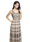 Shimmering Tulle Scoop Neckline Cut-out Back Full-length A-line Evening Dresses With Beadings