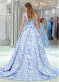 Floral Cloth V-neck Neckline Floor-length A-line Formal Dresses