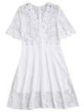 White Sheer Plunge Neck Lace Dress