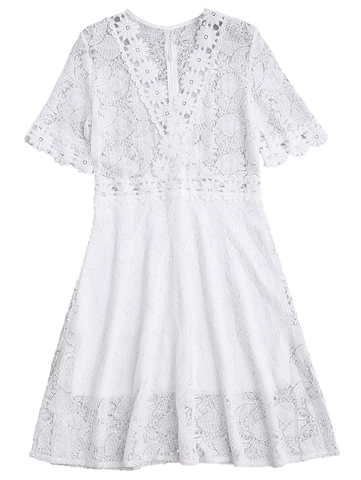 White Sheer Plunge Neck Lace Dress
