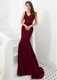 Lace V-neck Burgundy Sequin Mermaid Evening Dress