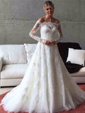 A-Line Button Off the Shoulder Appliques Long Sleeves Wedding Dress