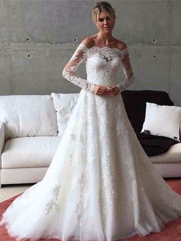 A-Line Button Off the Shoulder Appliques Long Sleeves Wedding Dress