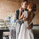 Backless Beach Satin Long Simple V-neck Wedding Dress