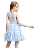Stunning Chiffon & Tulle Illusion High Collar Neckline Short-length A-line Homecoming Dresses With Beadings & Pleats