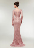 Lace Jewel Long Sleeve Pink Mermaid Evening Dress