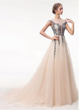 Tulle Jewel Champagne Appliques See Through Prom Dress With Beadings