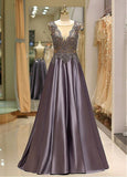 Satin Jewel Purple Evening Dress With Beadings