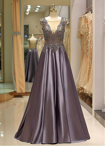 Satin Jewel Purple Evening Dress With Beadings