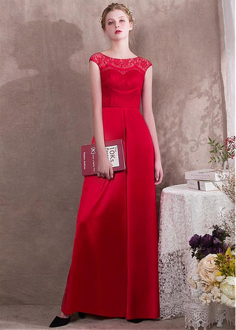 Jumpsuit Acetate Satin & Lace Jewel Red Evening Dress