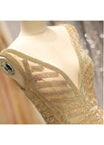 V-neck Gold Beading Long Mermaid Evening Dress