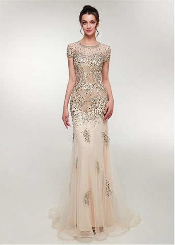 Tulle Scoop Champagne Short Sleeve Mermaid Prom Dress