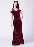Burgundy Fleece V-neck Sequin Mermaid Evening Dress
