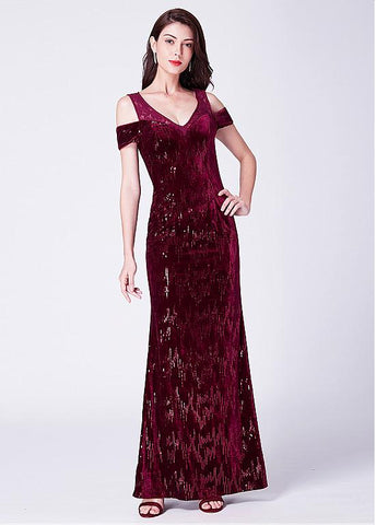 Burgundy Fleece V-neck Sequin Mermaid Evening Dress