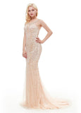Champagne Satin Scoop Long Mermaid Evening Dress
