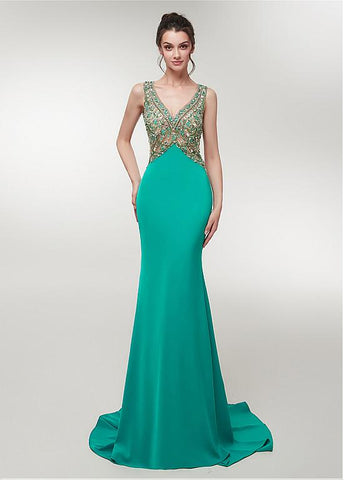 Stretch Satin V-neck Green Mermaid Prom Dress