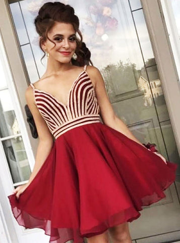 A-Line V-Neck Sleeveless Red Chiffon Homecoming Party Dress