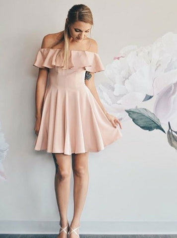 Off-the-Shoulder Pink Short Chiffon Homecoming Dress with Ruffles
