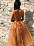 Appliques V-Neck Backless Gold Tulle Homecoming Dress
