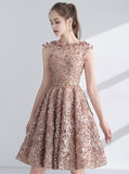 A-Line Appliques Champagne Lace Short Homecoming Prom Dress