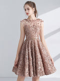 A-Line Appliques Champagne Lace Short Homecoming Prom Dress