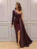 Long Sleeves Purple Sheath One Shoulder Pom Dress