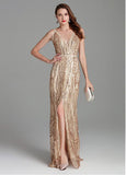 Sequin Lace V-neck Gold Embroidery Mermaid Prom Dress