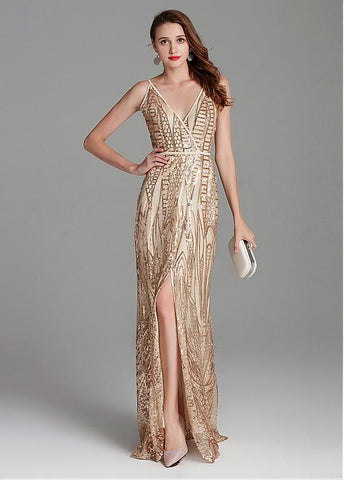 Sequin Lace V-neck Gold Embroidery Mermaid Prom Dress
