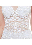 White Tulle Jewel Long Sequins Mermaid Evening Dress