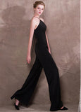 Black Jumpsuit Acetate Satin Jewel Evening Dress