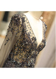 Tulle V-neck Long Sleeve A-line Evening Dress With Beadings