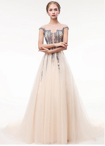 Tulle Jewel Champagne Appliques See Through Prom Dress With Beadings
