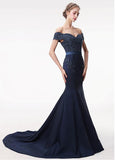 Stretch Satin Off-the-shoulder Navy Mermaid Beading Evening Dress
