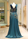 Green Satin V-neck Beadings Formal Dress