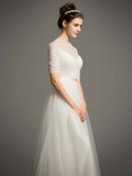 Tulle Short Sleeves A-Line Pearls Beading Wedding Dress