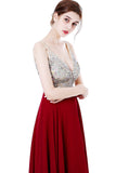 Red Deep V-neck Beaded Jewelry Prom Dress