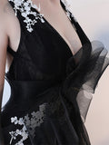 A-Line Bowknot Flowers V-Neck Court Train Evening Dress
