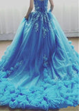 Blue Handmade Flower Ball Gown Prom Dress