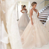 Tulle Appliques V Neck Lace Appliques Champagne Wedding Dress