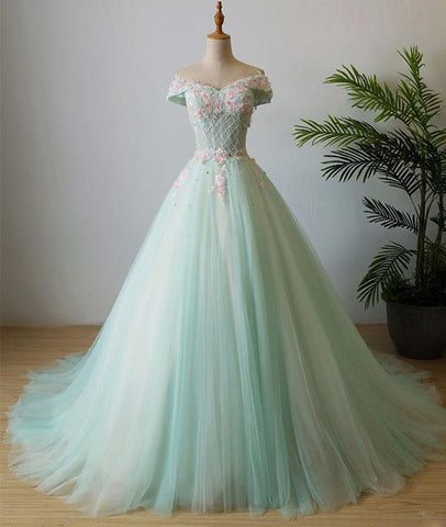 Mint V Neck Tulle Beads Long Prom Dress
