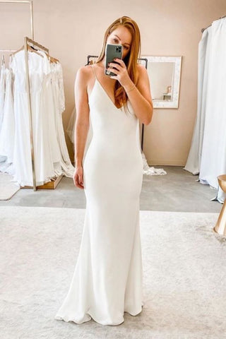 Spaghetti Straps Sheath Backless Floor Length V-neck Wedding Dress