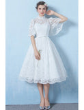 Half Sleeves A Line Tea Length High Neck Lace Wedding Dress With Belt