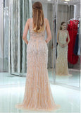 Tulle V-neck Neckline Floor-length Sheath/Column Prom Dresses With Beadings & Cotton